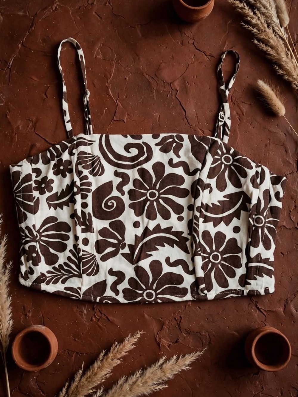 Brown Floral Crop Tank Top with Adjustable Straps
